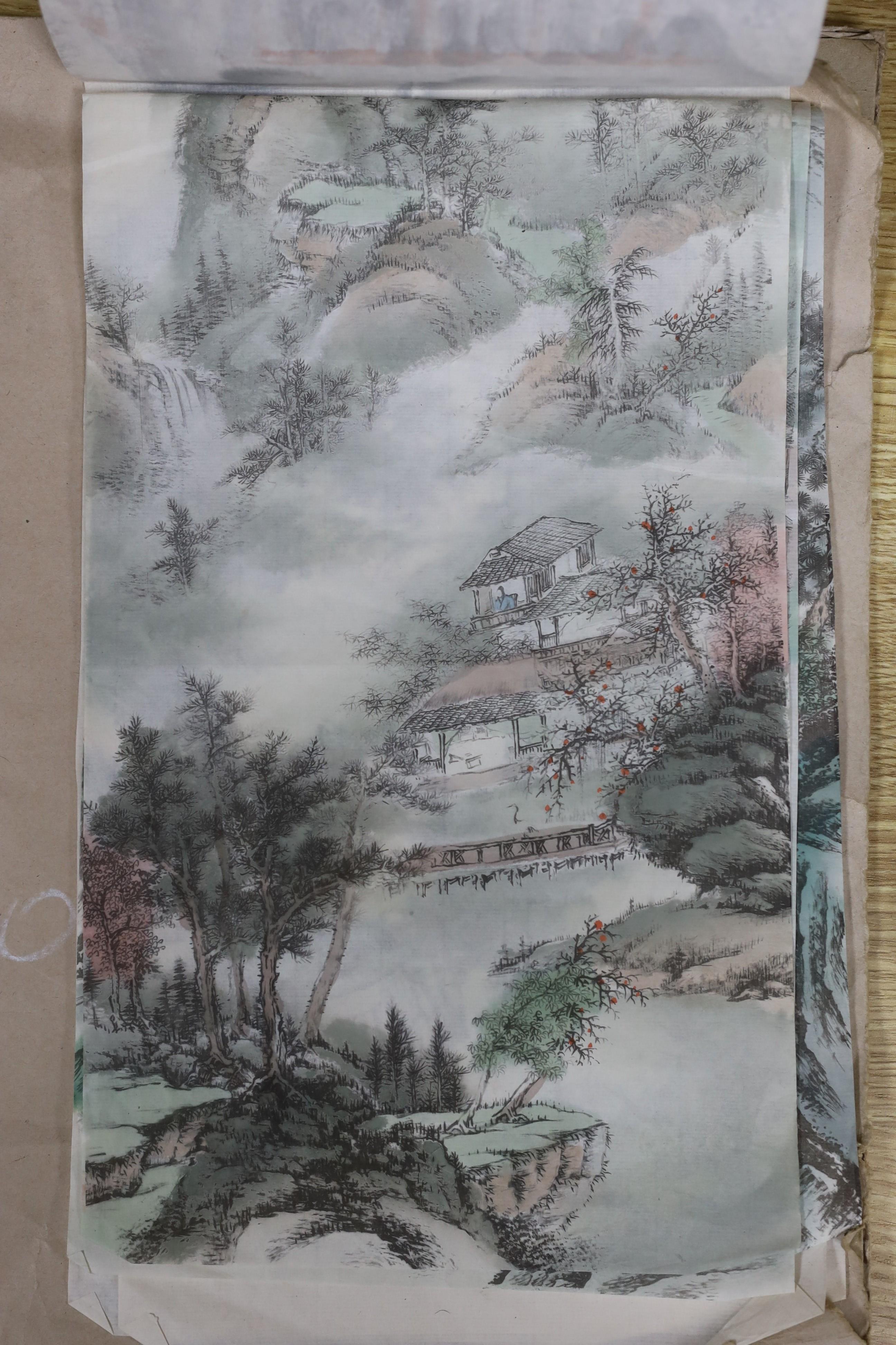 Chinese School, set of four woodblock prints, Mountainous landscapes, 67 x 20cm, unframed - Image 2 of 3