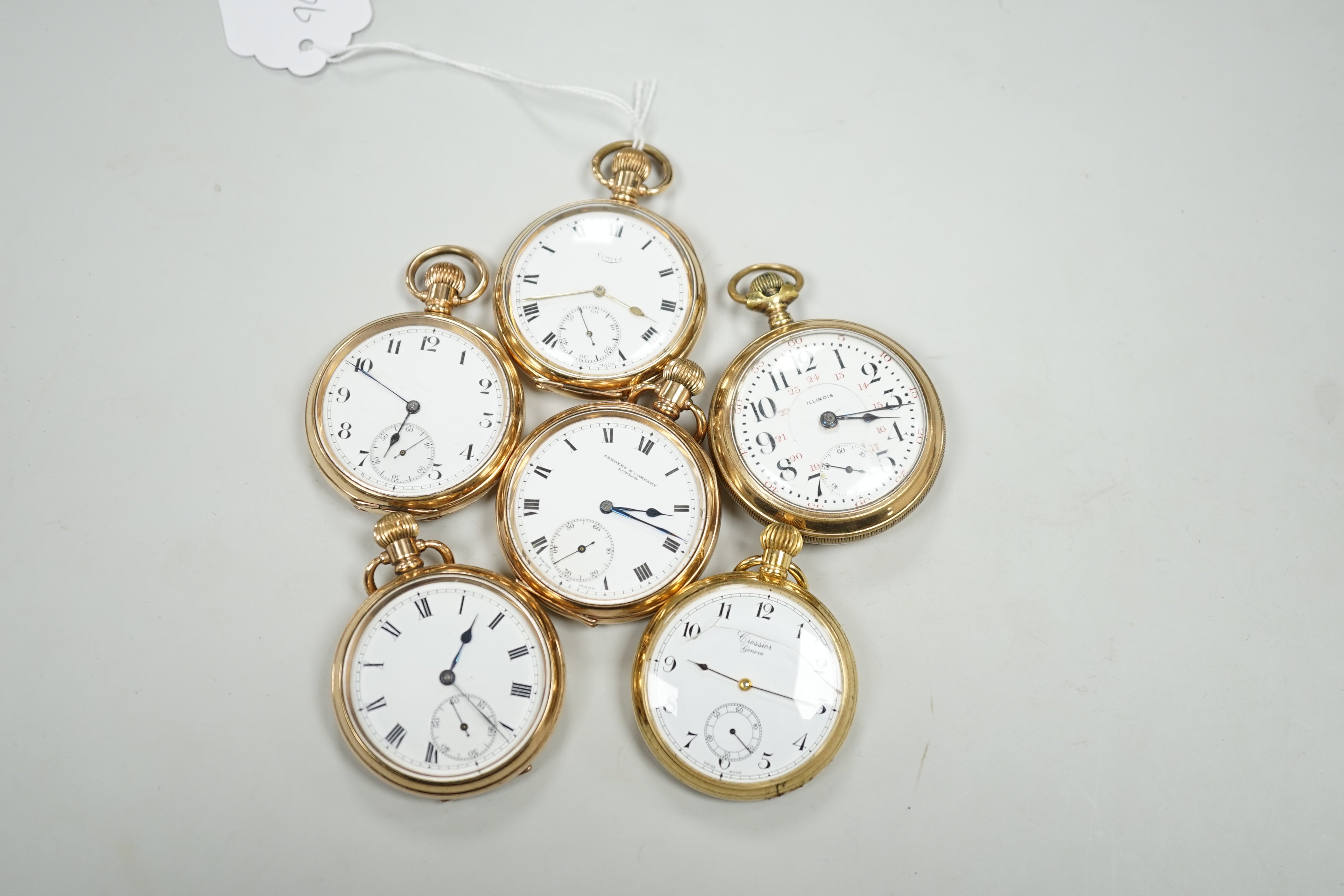 Six assorted gold plated open faces pocket watches, including Limit and Sanders Company. - Image 2 of 6