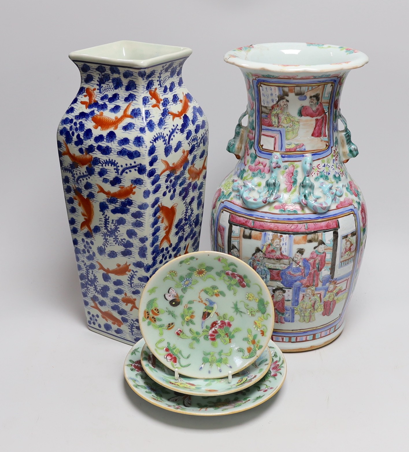 A 19th century Chinese famille rose vase, a squared Chinese vase and three celadon dishes, tallest