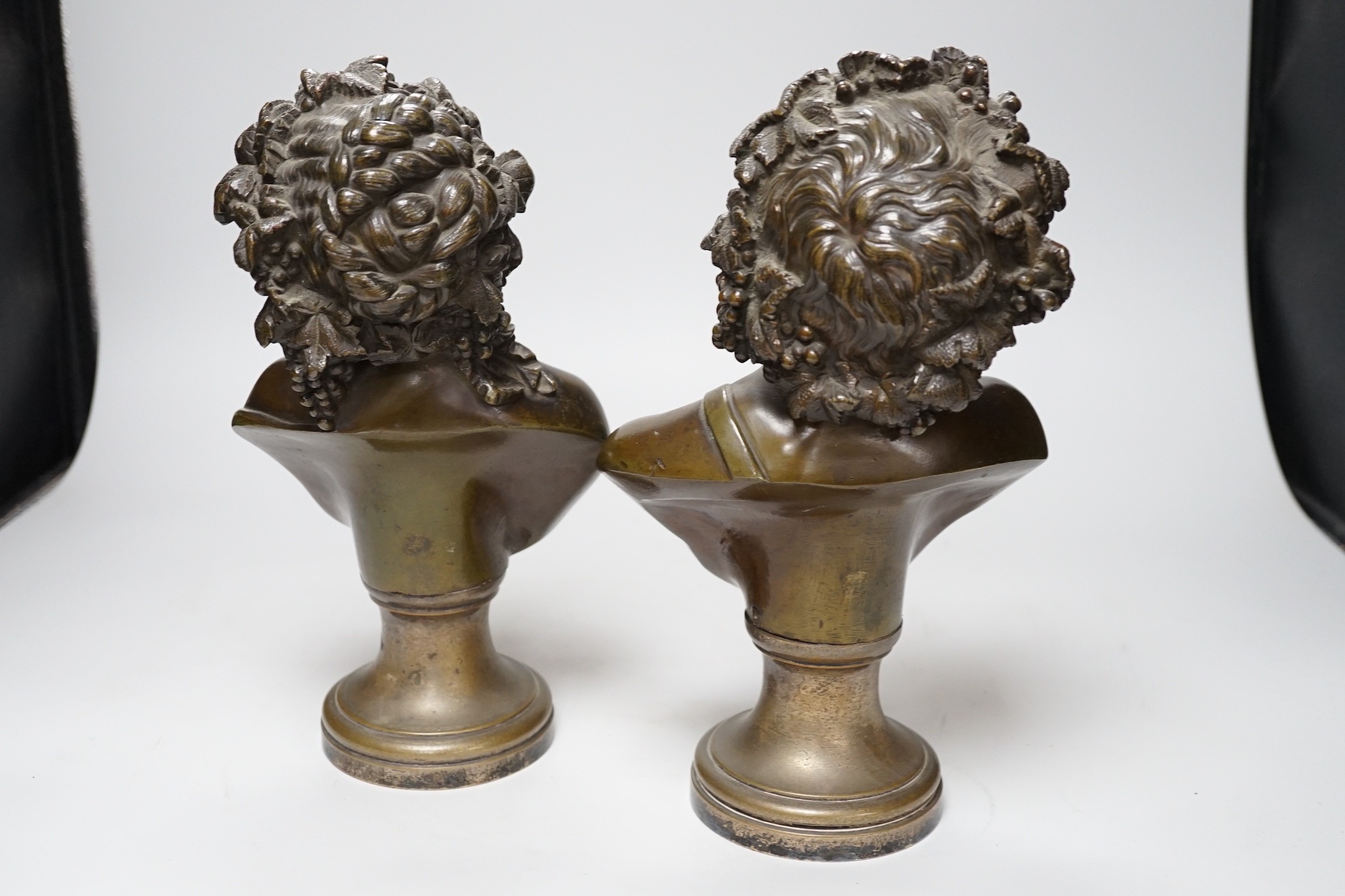 A pair of late 19th century French bronze Bacchic busts, on plated socles, 28cm - Image 3 of 3