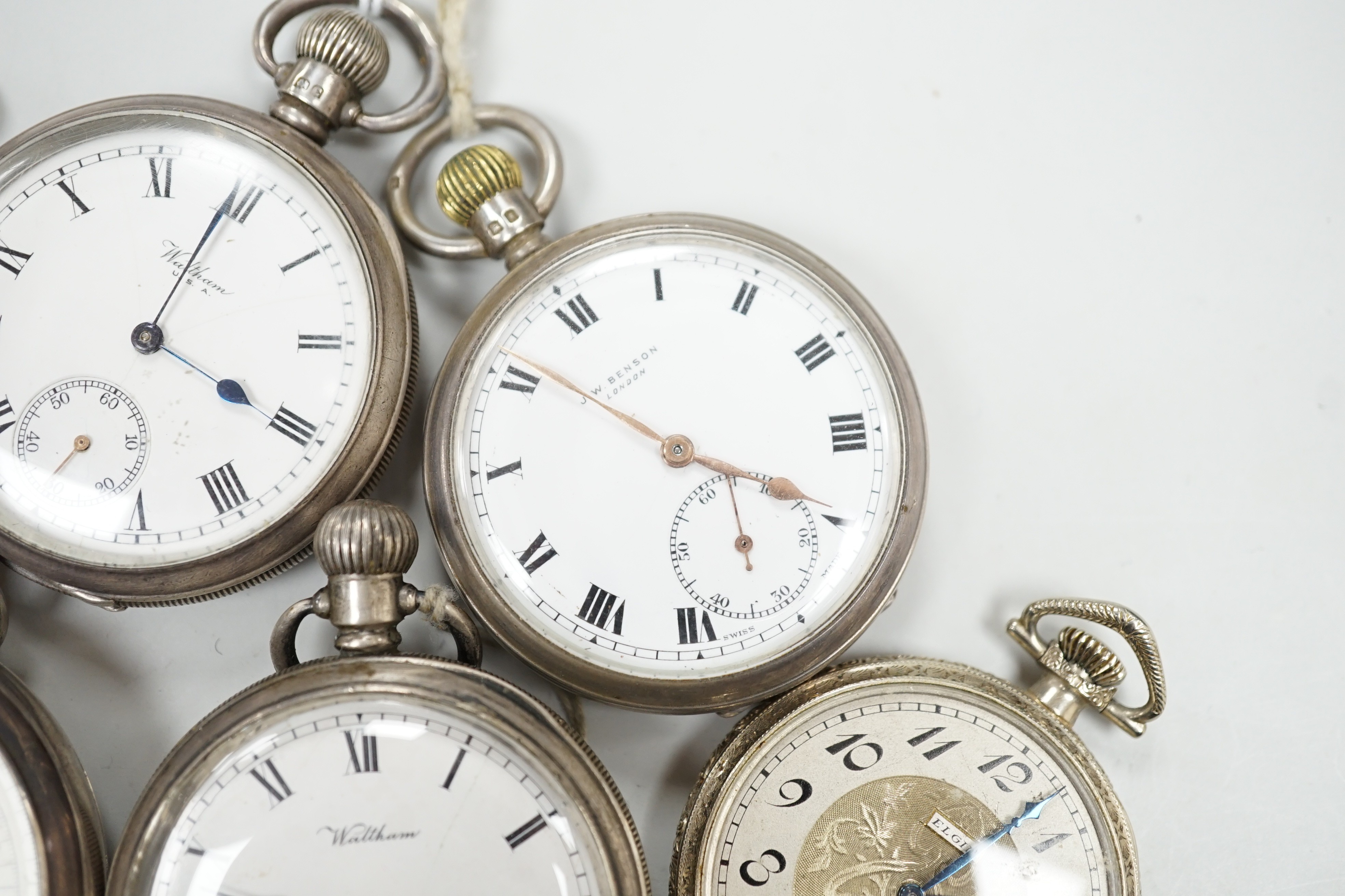 Four assorted silver open faced pocket watches including two Waltham and a J.W. Benson and two other - Image 4 of 7