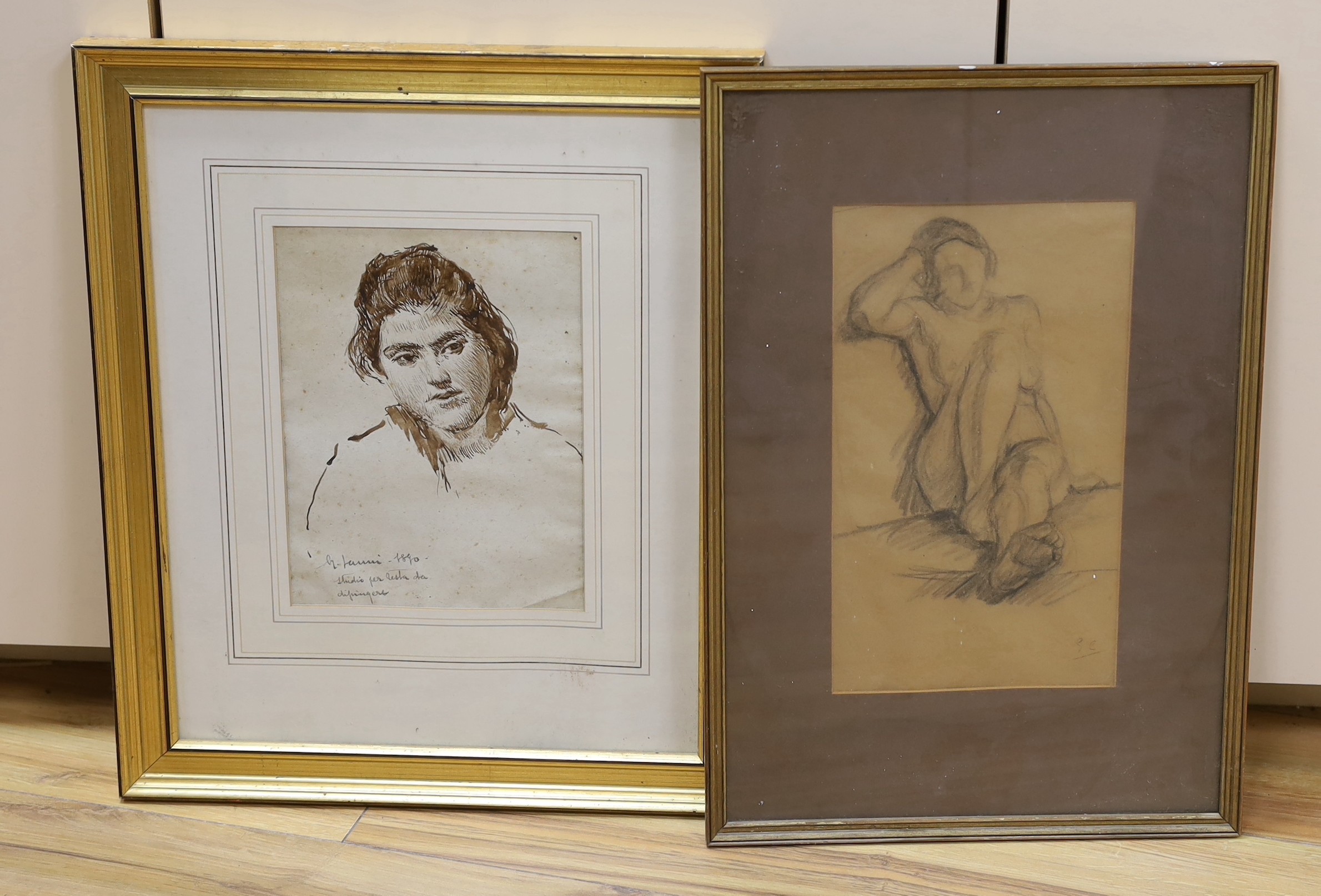 G. Janni (Italian), pen and ink, Sketch of a young woman, signed and dated 1890, 24 x 18.5cm, and - Image 3 of 5