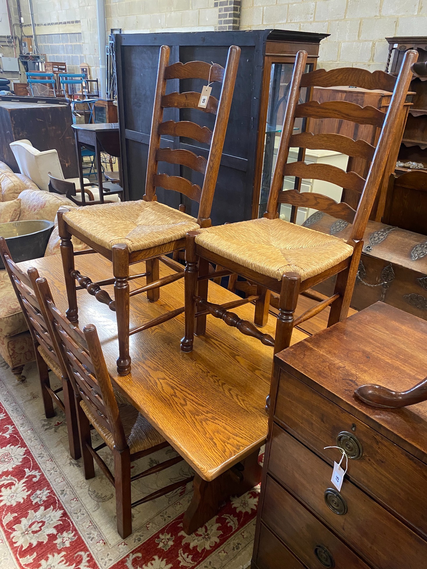 An 18th century style rectangular oak refectory dining table, length 167cm, depth 78cm, height - Image 3 of 3