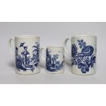 Three 18th century Worcester mugs, Three flowers, La Promenade, 12.5cms high