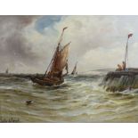 Gustave de Bréanski (1856-1898), oil on board, Fishing boat off a jetty, signed, 34 x 44cm