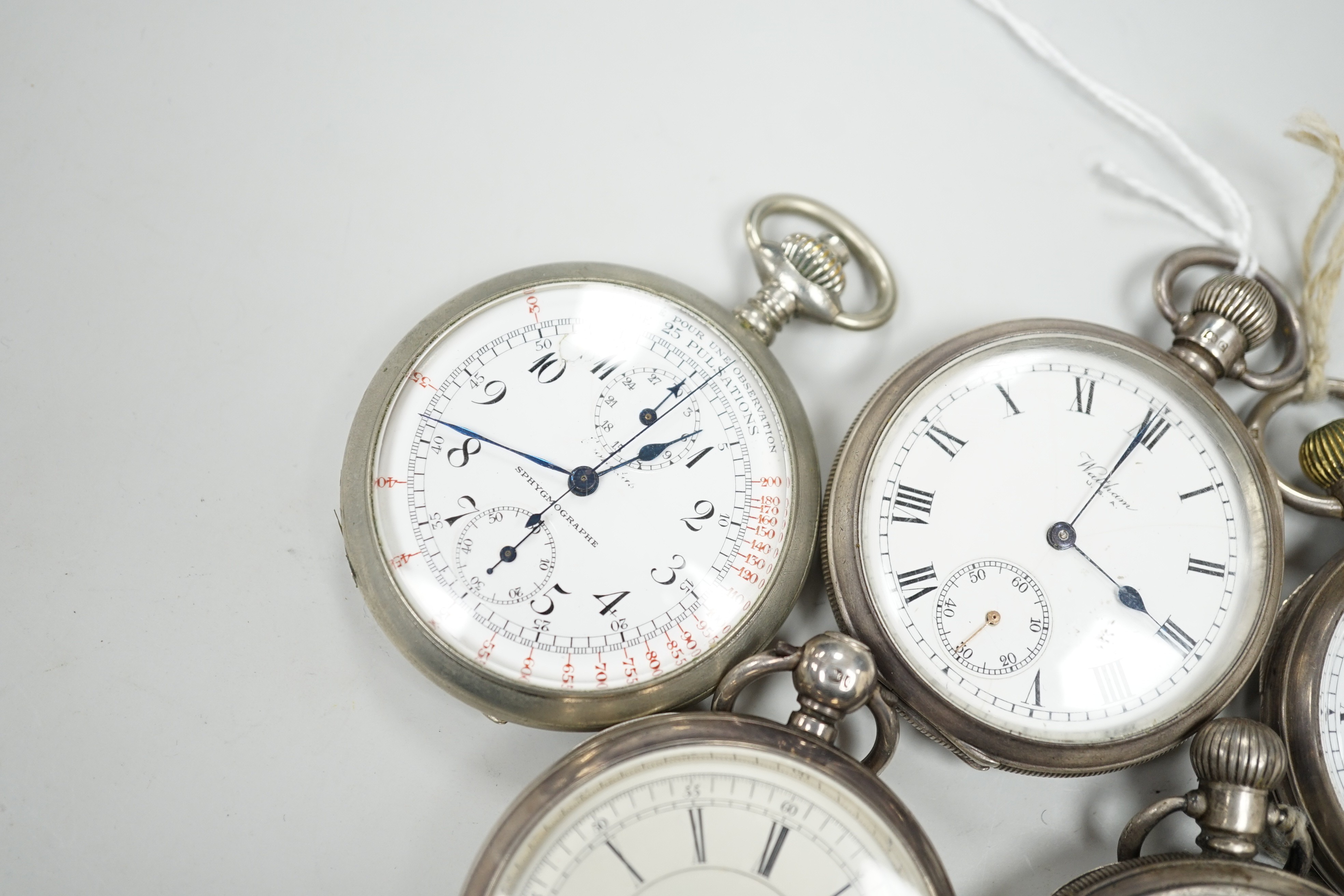 Four assorted silver open faced pocket watches including two Waltham and a J.W. Benson and two other - Image 6 of 7