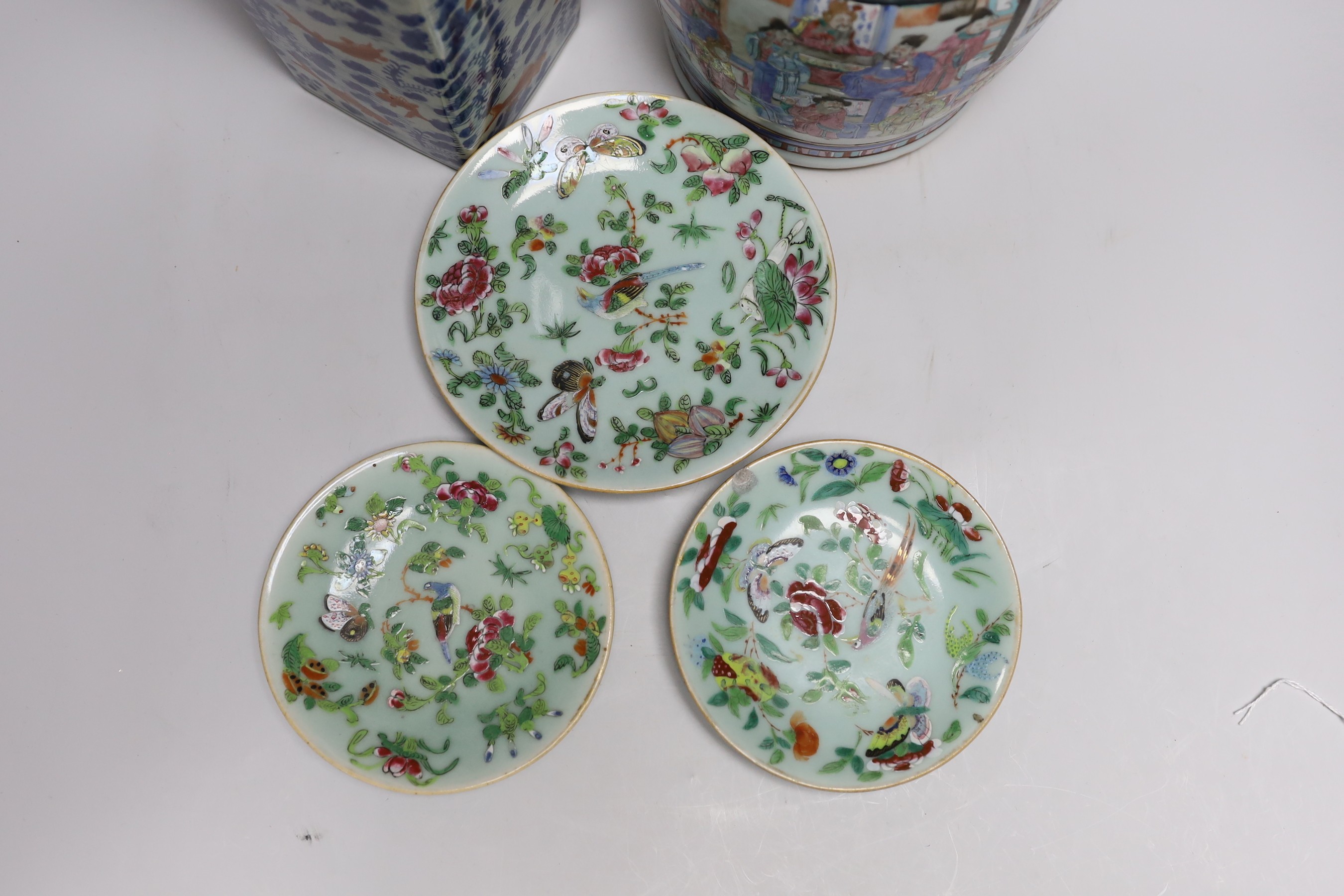 A 19th century Chinese famille rose vase, a squared Chinese vase and three celadon dishes, tallest - Image 3 of 7