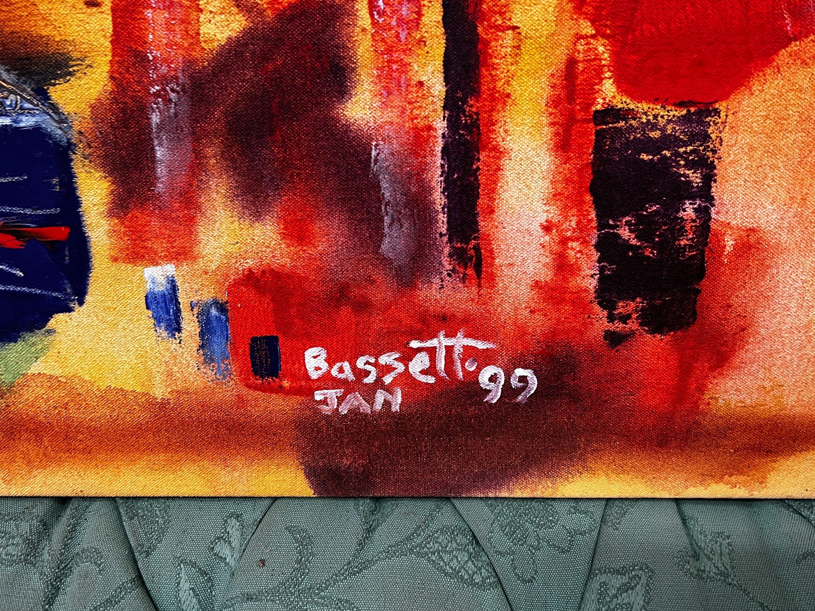Bassett (modern British) - oil on canvas, Abstract city scene, 114 x 88cm - Image 2 of 2