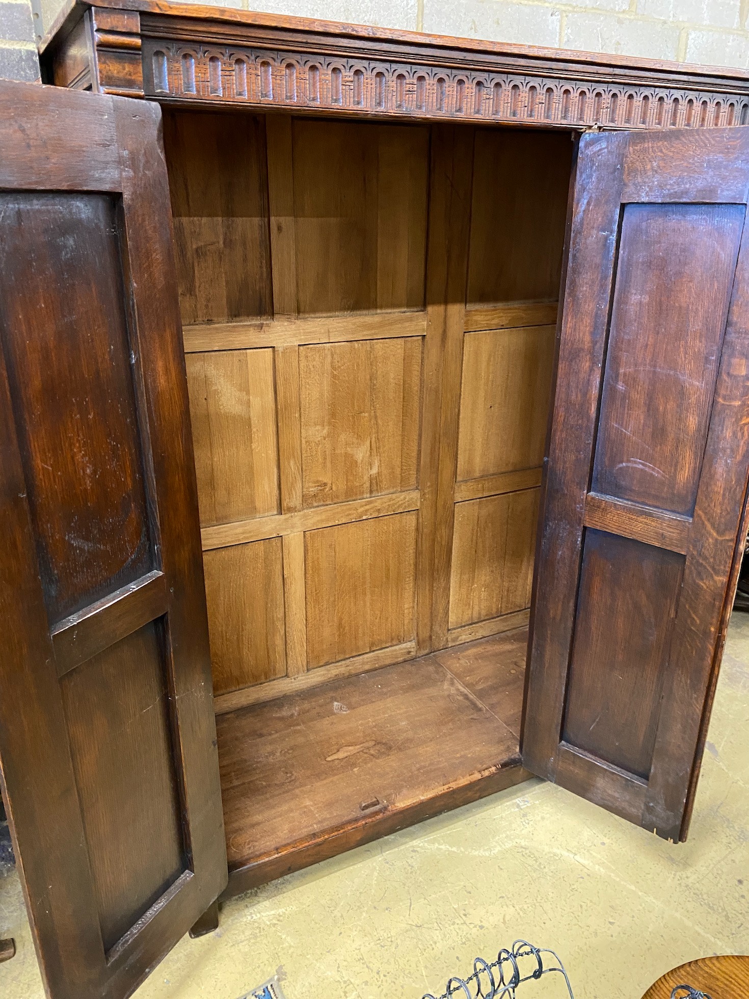 A 17th century style oak three door wardrobe, width 150cm, depth 61cm, height 183cm - Image 2 of 2