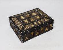 An Indian bone inlaid ebony and porcupine quill rectangular box, 20cm