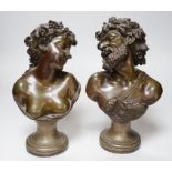 A pair of late 19th century French bronze Bacchic busts, on plated socles, 28cm