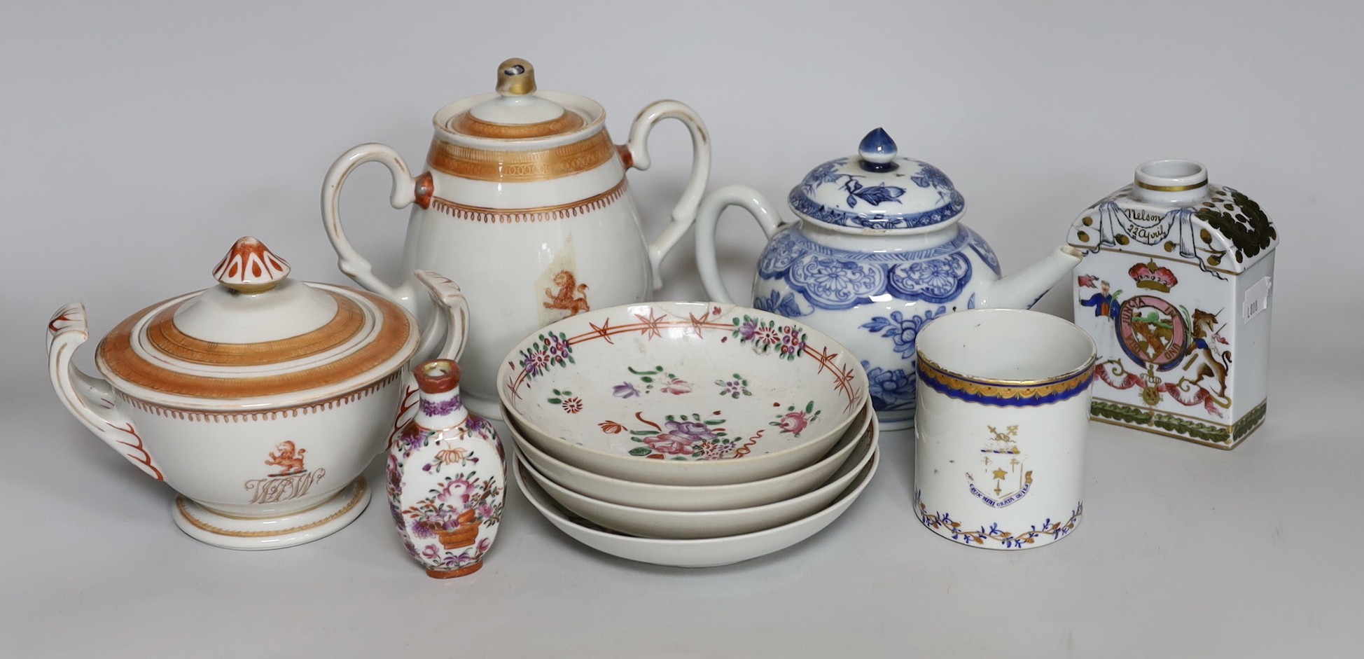 A group of Chinese Qianlong - Jiaqing porcelain tea wares, a rare snuff bottle and a French armorial