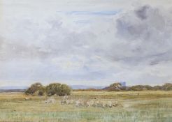 Claude Hayes R.I. (Irish, 1852-1922), watercolour, Shepherd and flock in a landscape, signed, 22 x