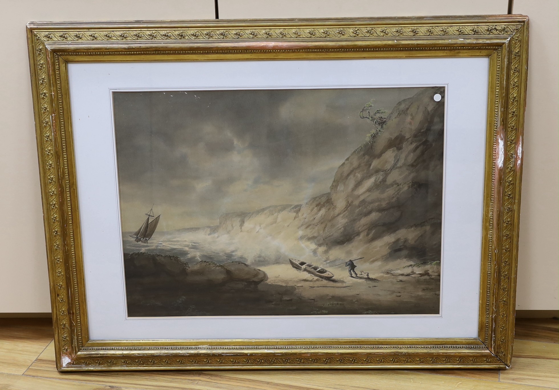 19th century English School, watercolour, Fisherman and dog in a rocky cove, 42 x 58cm - Image 2 of 2