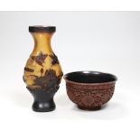 A Chinese red lacquer bowl and a Chinese overlaid glass vase, 17cm