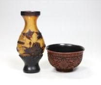 A Chinese red lacquer bowl and a Chinese overlaid glass vase, 17cm