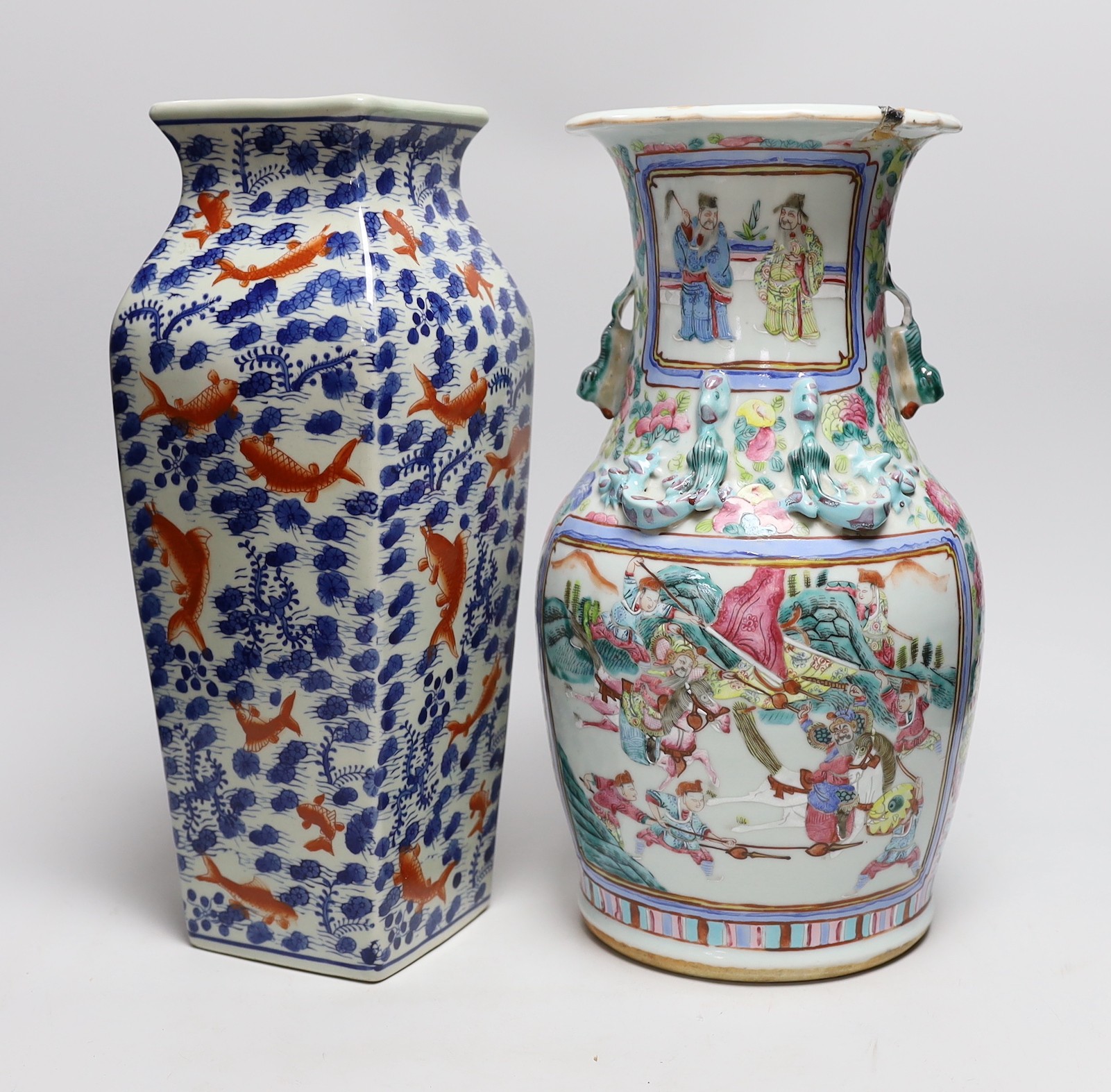 A 19th century Chinese famille rose vase, a squared Chinese vase and three celadon dishes, tallest - Image 5 of 7