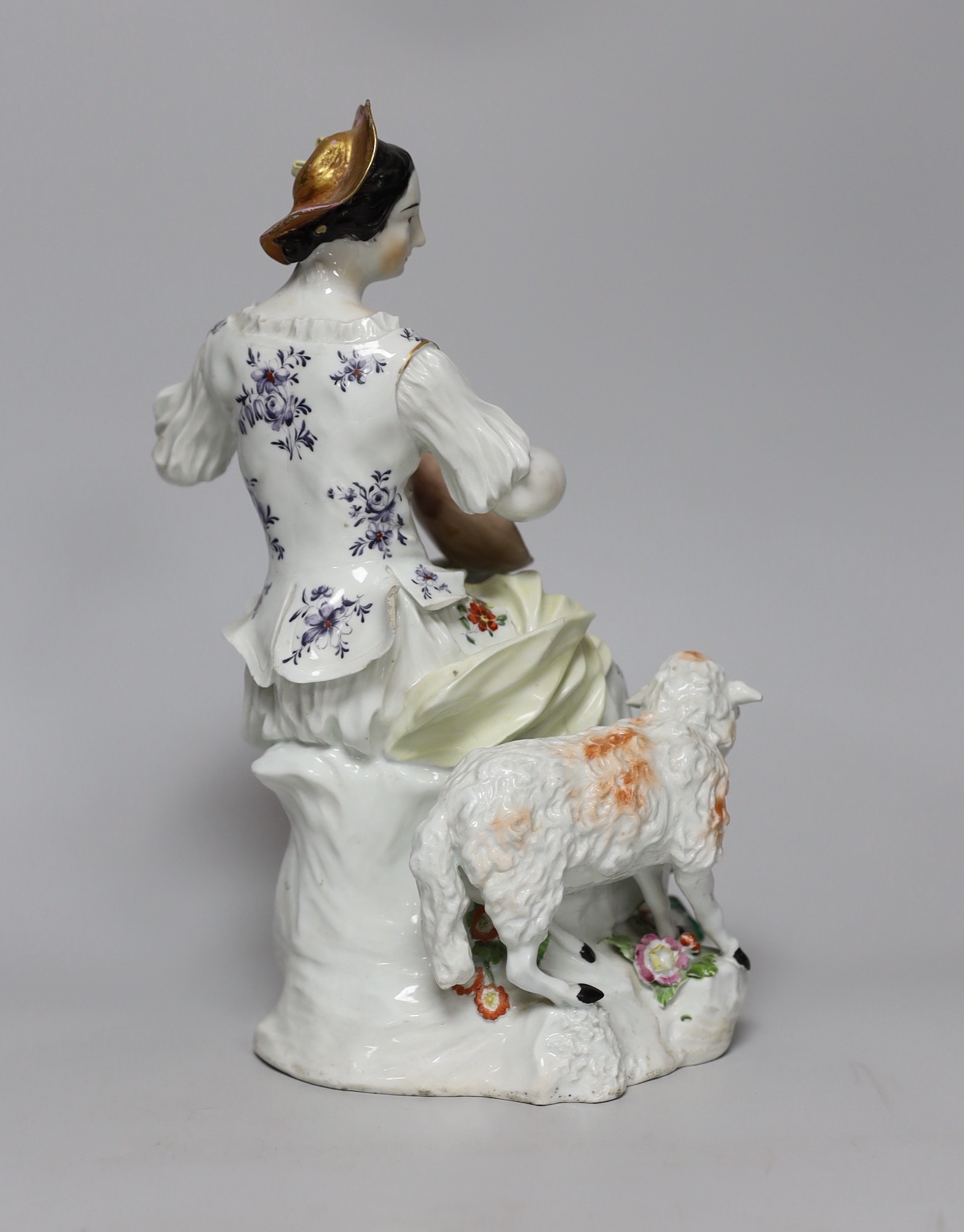A large Derby figure of a shepherdess playing a lute, c.1760, 29cm - Image 3 of 4