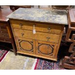 A 1920's oak side cabinet with painted faux marble top, width 83cm, depth 46cm, height 86cm