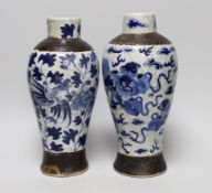 A pair of 19th century Chinese crackleglaze blue and white vases, 27cm