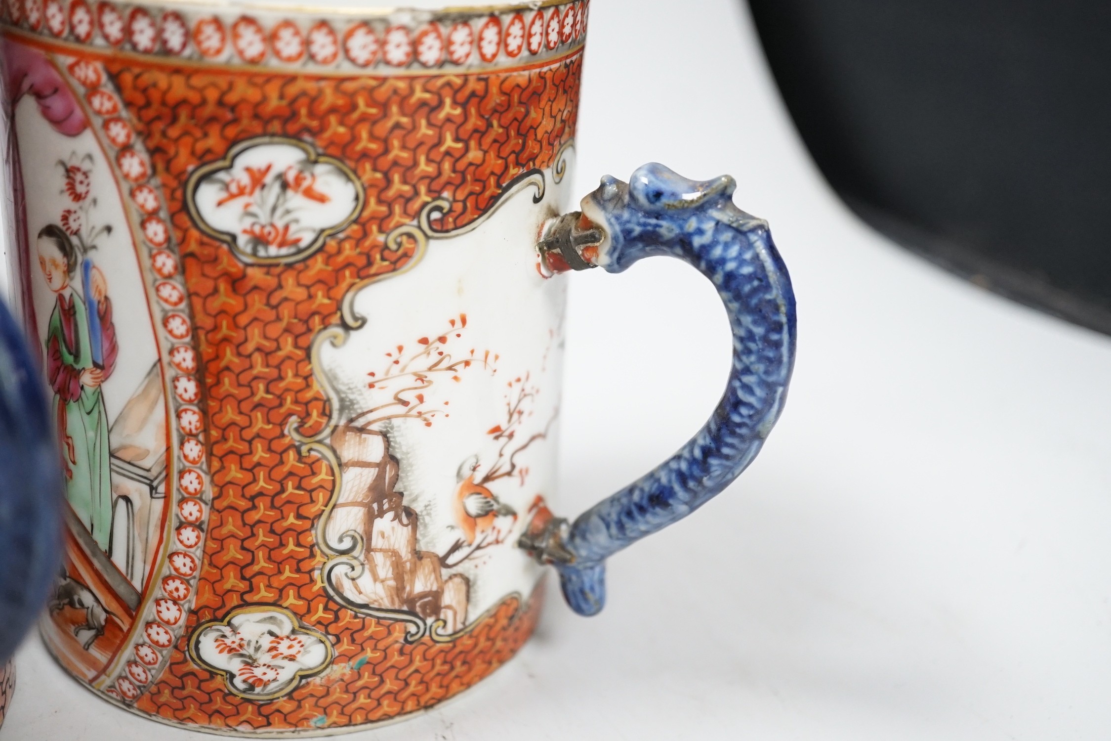 Two Chinese export 'mandarin' mugs and a similar teapot, Qianlong period, tallest mug 14cms high - Image 6 of 8