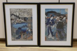 Kunisada, Japanese, pair of woodblock prints, Figures on the street and Prunus blossom, 33 x 22cm