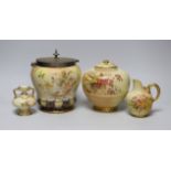 Three Royal Worcester blush vessels and a Carltonware biscuit barrel