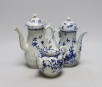 Two 18th century Worcester Mansfield pattern coffee pots and a similar teapot, (all with covers)