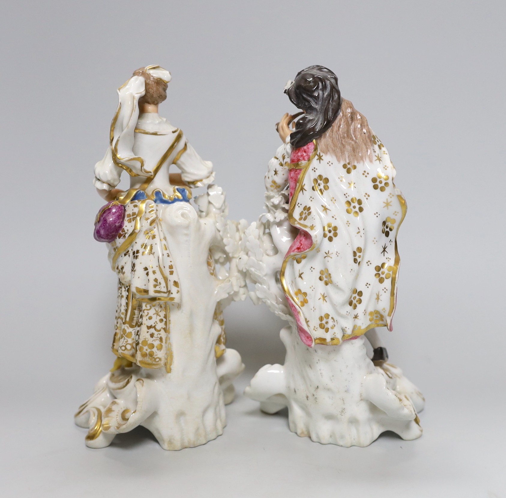 A pair of early 19th century Derby figures, the gentleman with flute and drum, 21cm - Image 2 of 3