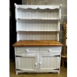 A Victorian style part painted pine dresser with boarded rack, width 122cm, depth 48cm, height