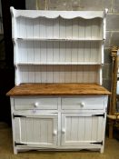 A Victorian style part painted pine dresser with boarded rack, width 122cm, depth 48cm, height