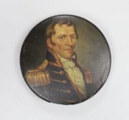 A 19th century papier mache box with a painting of a 19th century naval officer, 12cm diameter