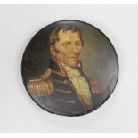 A 19th century papier mache box with a painting of a 19th century naval officer, 12cm diameter