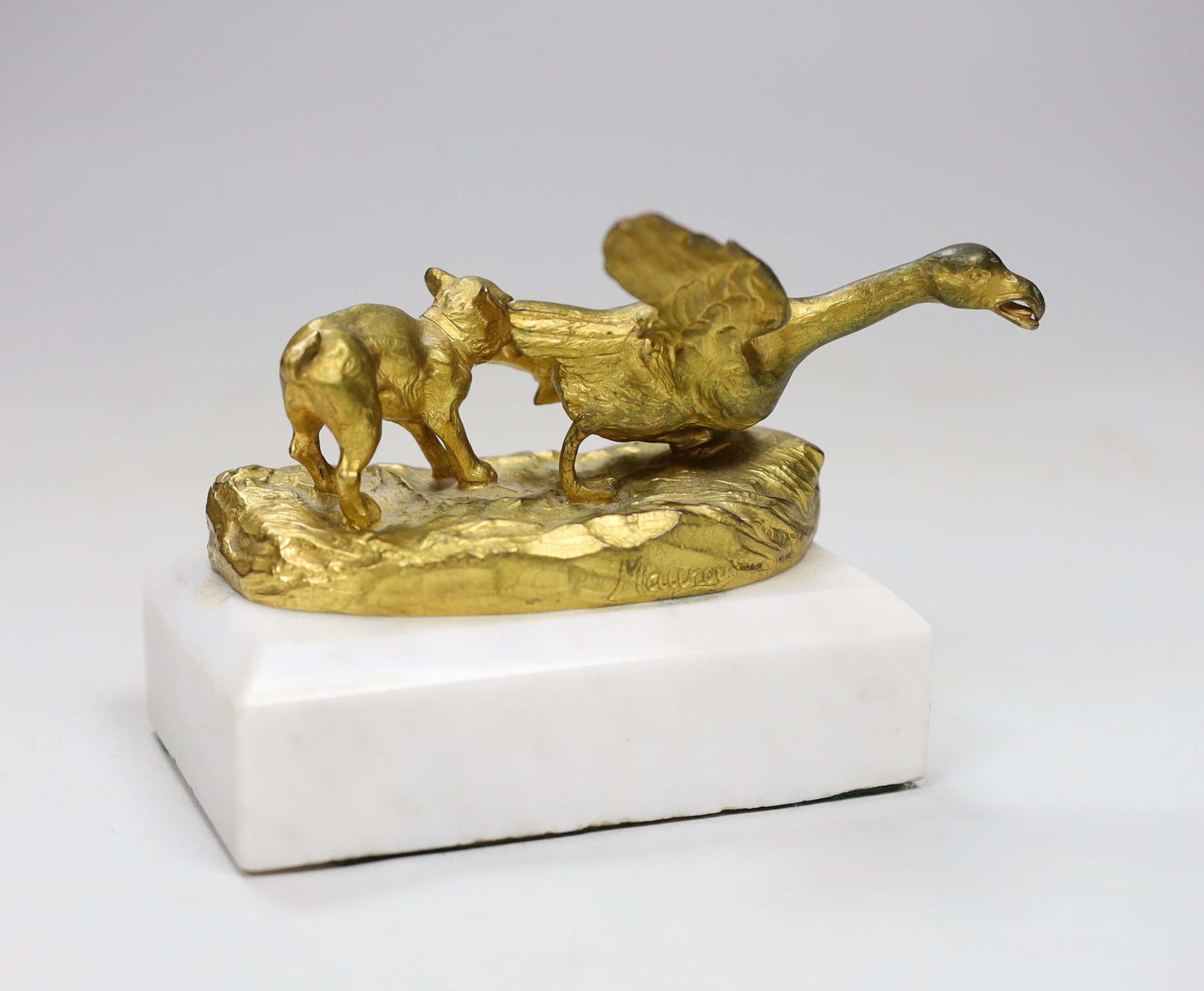 A gilt-bronze model dog and duck signed Mauroy, on marble base, 13.5cm long - Image 2 of 3