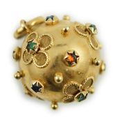 A modern Italian 750 yellow metal and gem set globular pendant, 26mm, gross weight 8.1 grams.
