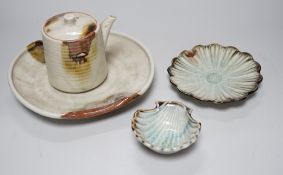 A group of Japanese studio pottery bowls, shell dishes, plates and a teapot, approx 53 pieces
