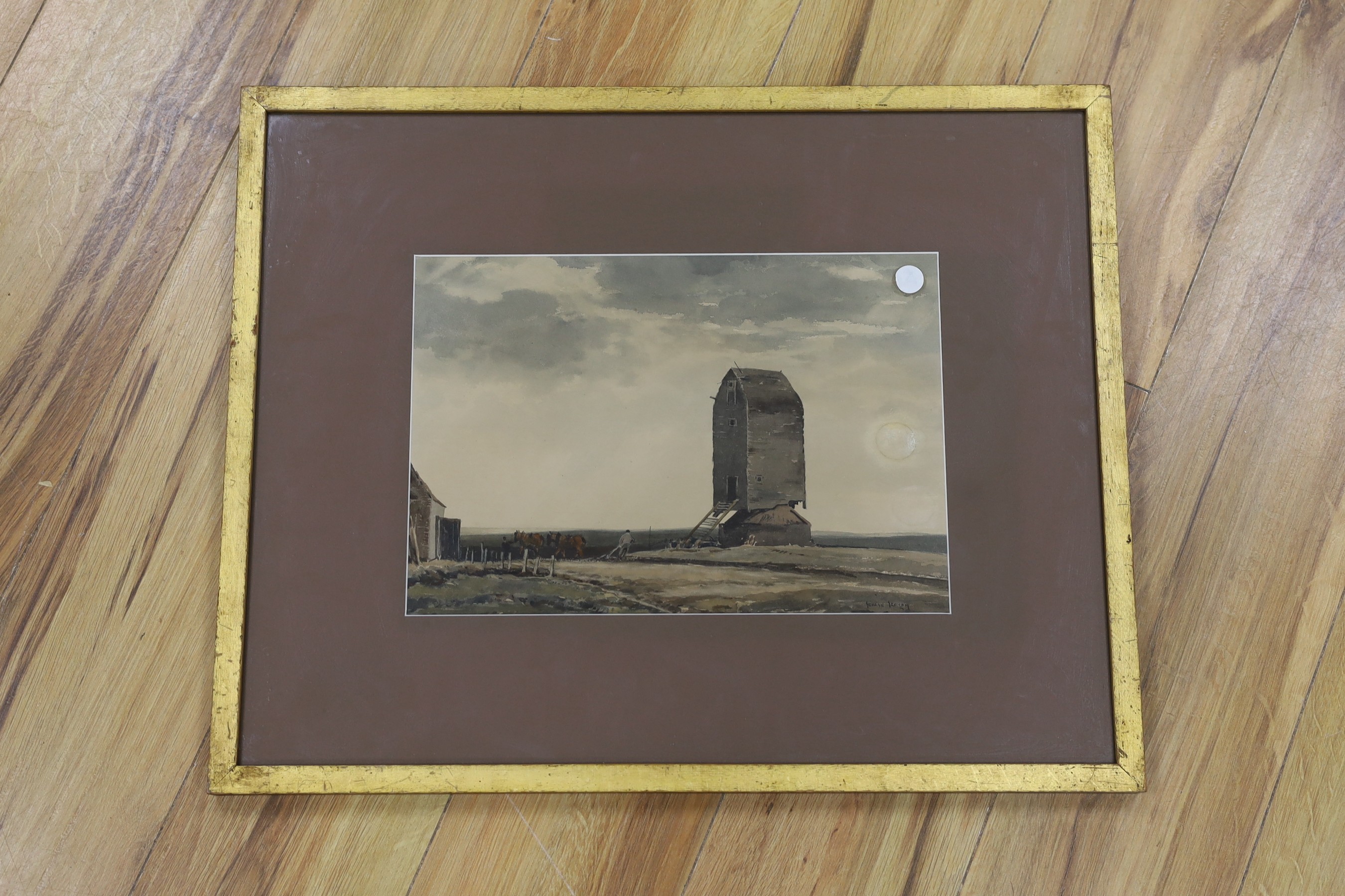 George Graham (1882-1949), watercolour, Windmill in a landscape, signed, 24 x 35cm - Image 2 of 3