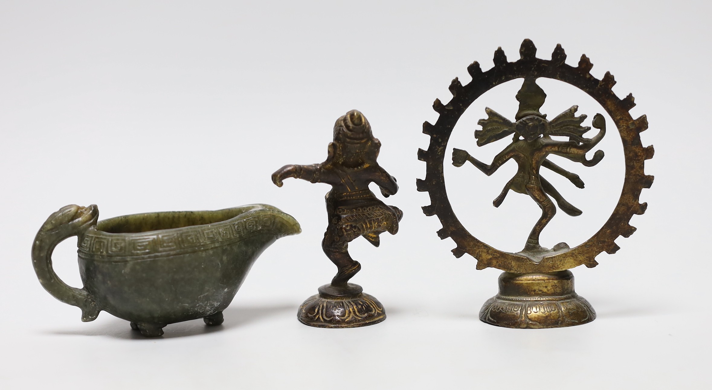 Two Indian bronze deity figures together with a Chinese carved spinach jade jug, tallest 11cm - Image 2 of 3