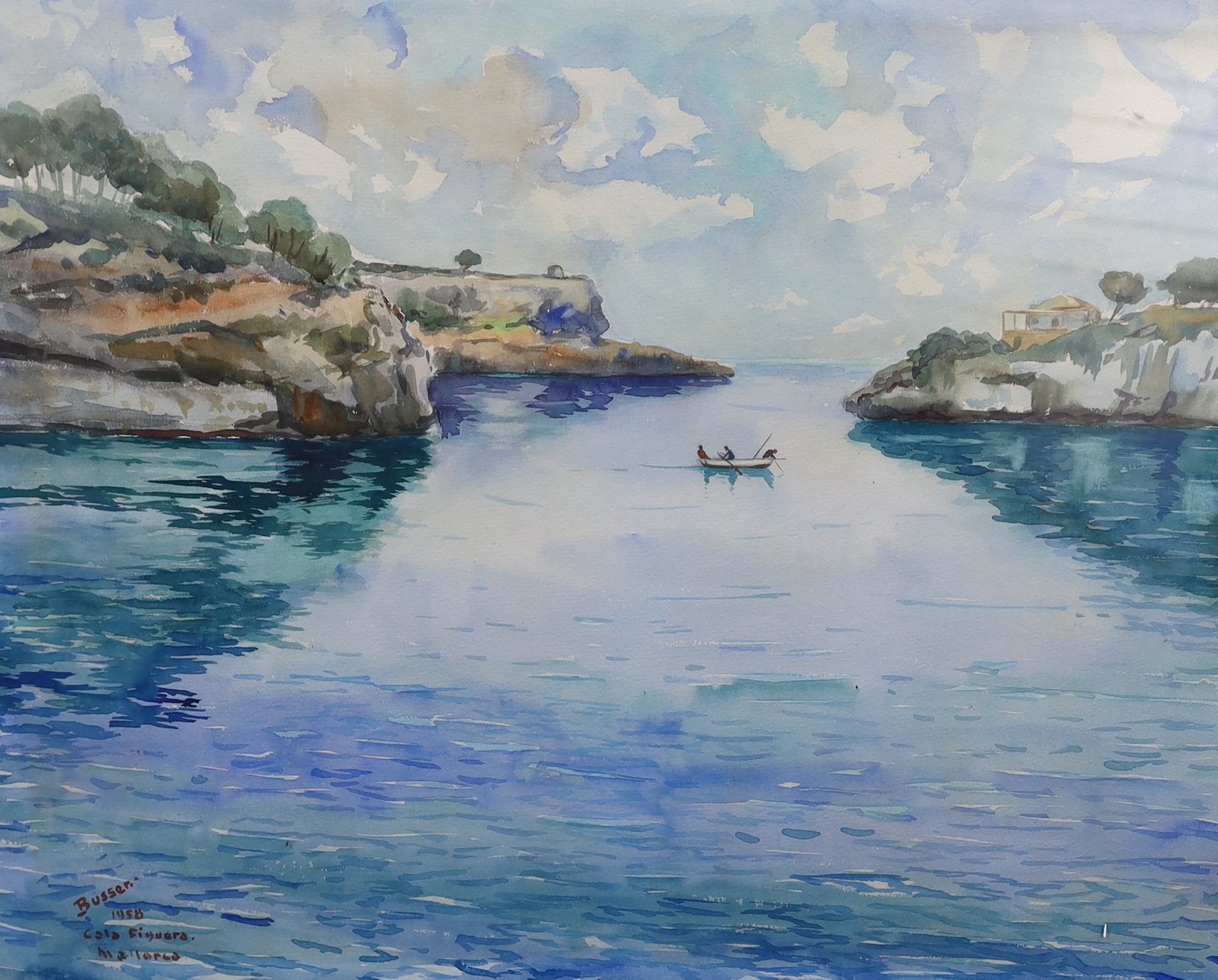 Busser, two watercolours, 'Cala Figuera, Mallorca', signed and dated 1958, 50 x 64cm - Image 2 of 5