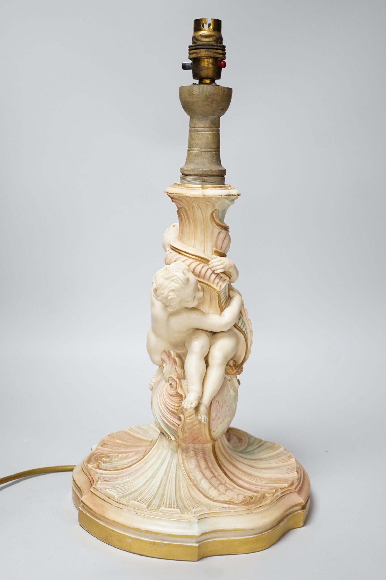 A large Royal Worcester blush ivory cherub lamp base, 40cms not including light fitting - Image 3 of 5