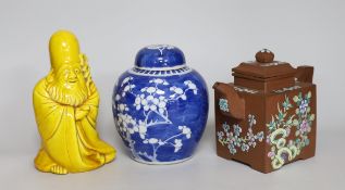A Chinese prunus ginger jar, an enamelled Yixing teapot and a Japanese monochrome figure of