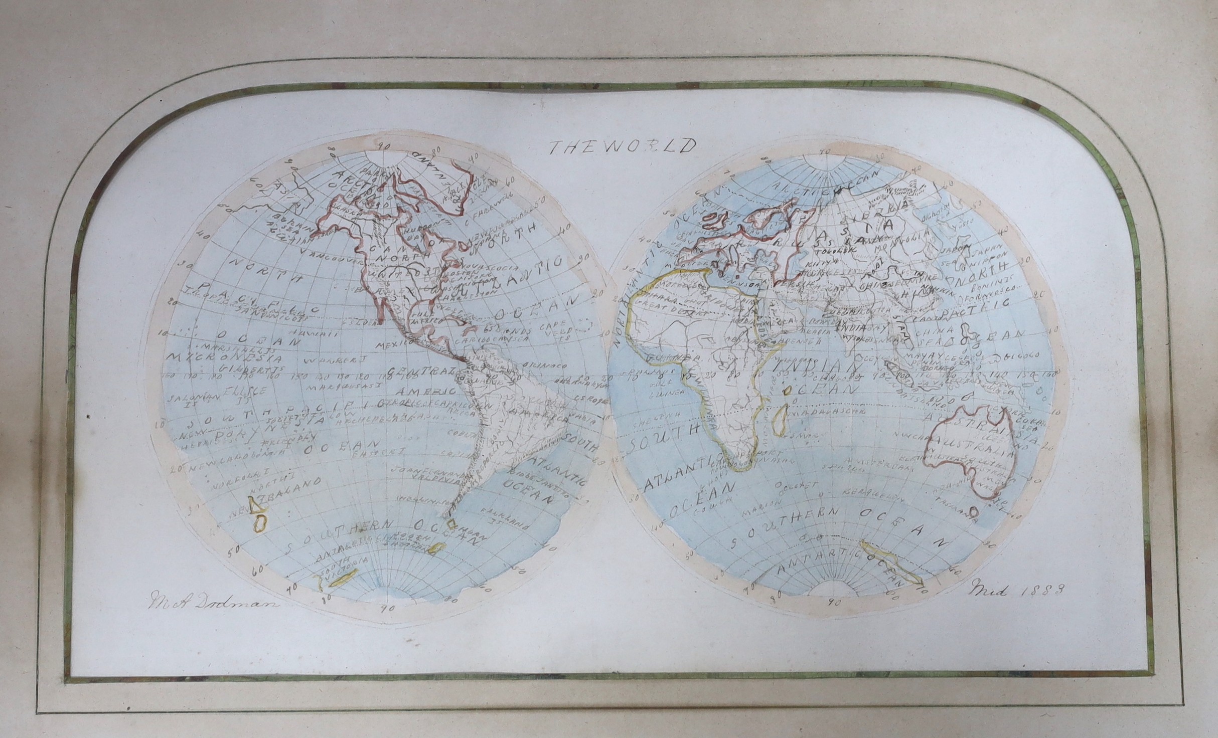 M.A. Dadman (19th C.), watercolour and ink, Map of the World 1883, 22 x 39cm, maple framed