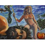 Blanquet, oil on panel, Adam and Eve, signed and dated '74, 60 x 80cm, unframed