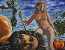 Blanquet, oil on panel, Adam and Eve, signed and dated '74, 60 x 80cm, unframed