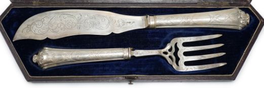 A cased pair of Victorian silver fish servers, by Aaron Hadfield, Sheffield, 1849, with engraved