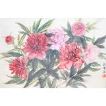Chien Ying Chang ARWA (1913-2003), watercolour, Peonies, signed, with label verso, 50 x 70cm