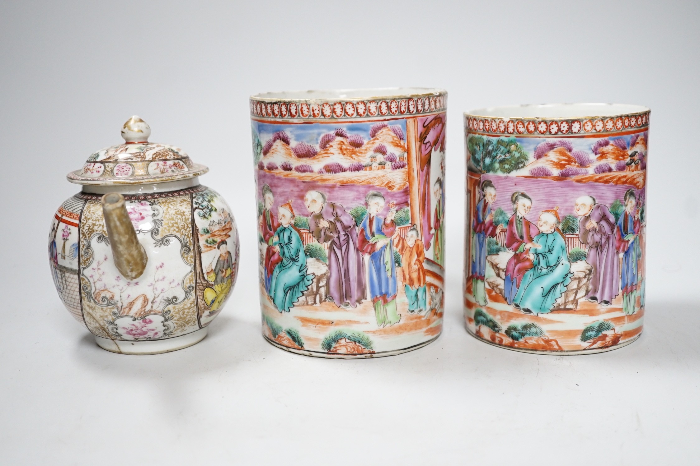 Two Chinese export 'mandarin' mugs and a similar teapot, Qianlong period, tallest mug 14cms high - Image 2 of 8
