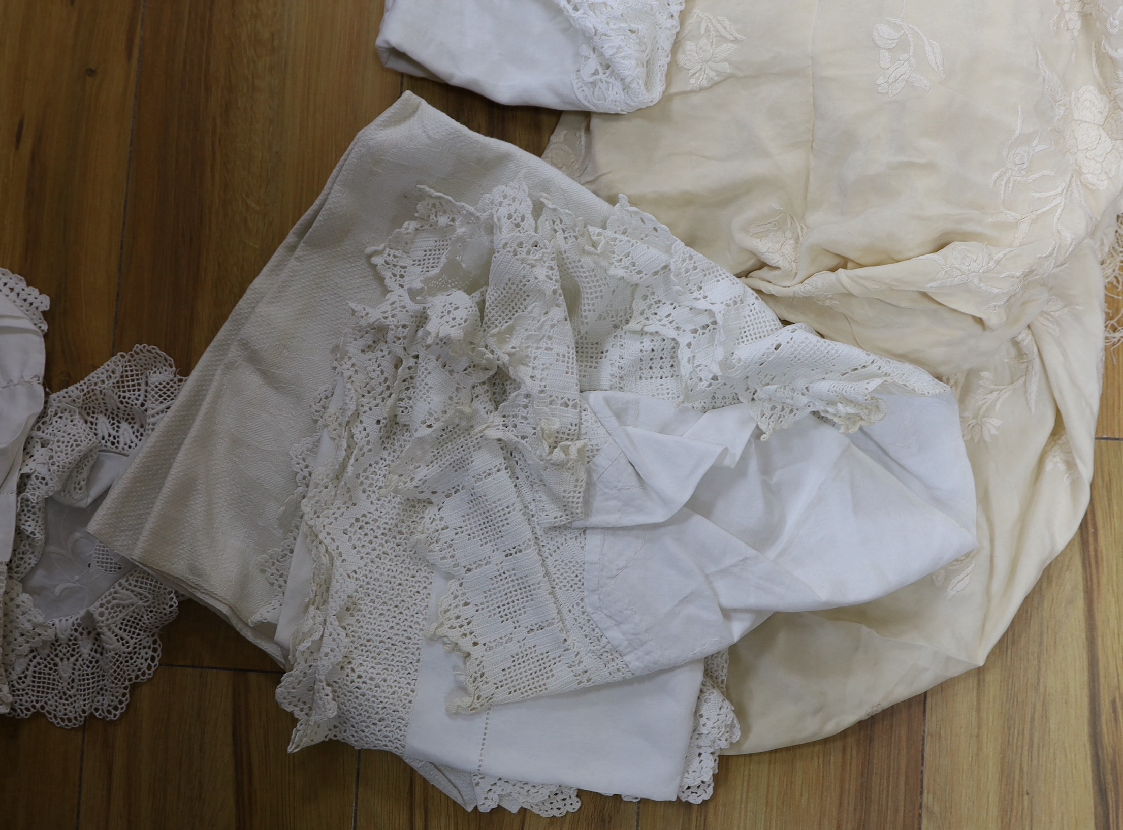 A late 19th century Chinese cream silk embroidered shawl, a tape lace bed cover and a collection - Image 3 of 3