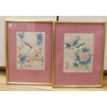 20th century Chinese School, pair of gouaches on silk, Birds on bamboo and Chrysanthemums, signed,