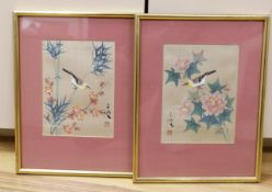 20th century Chinese School, pair of gouaches on silk, Birds on bamboo and Chrysanthemums, signed,